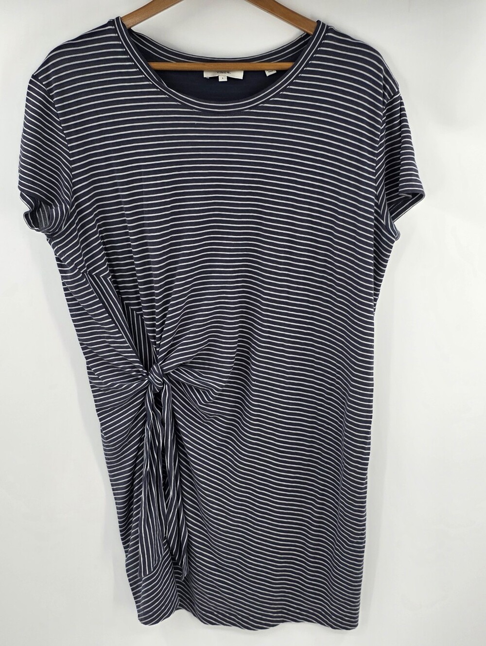 Vince Large Navy Blue White Stripe Tie Front Midi Dress